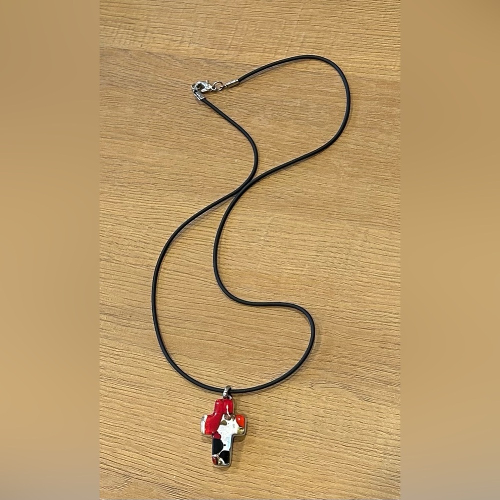 Red & Black Cross Glass Pendant Necklace Black Vinyl Cord Sterling Silver Clasp